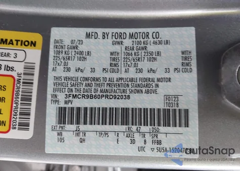 2023 Ford Bronco Sport Big Bend z USA, uszkodzony, nr VIN 3FMCR9B60PRD92038